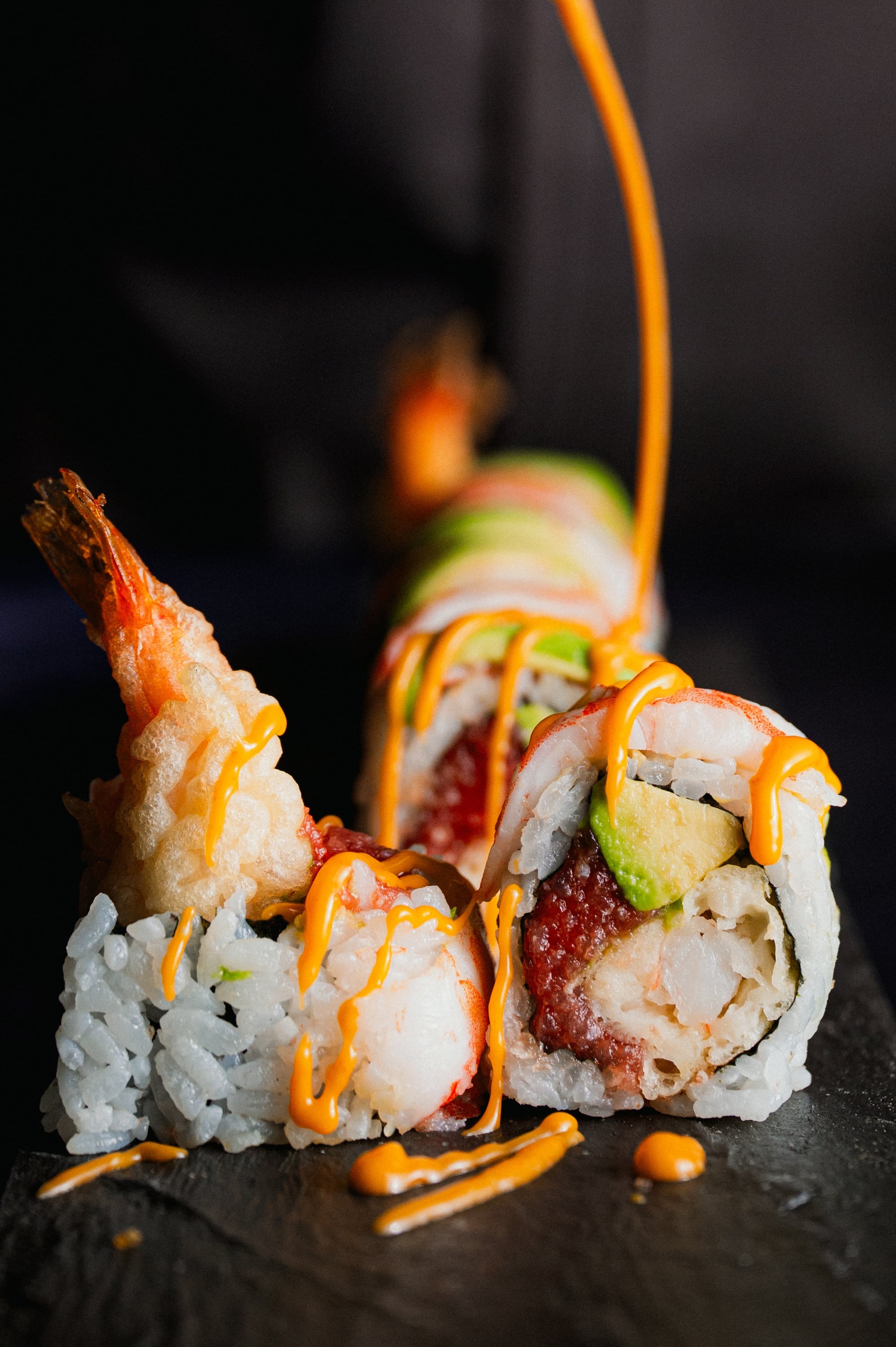 Shrimp tempura roll with avocado and spicy mayo